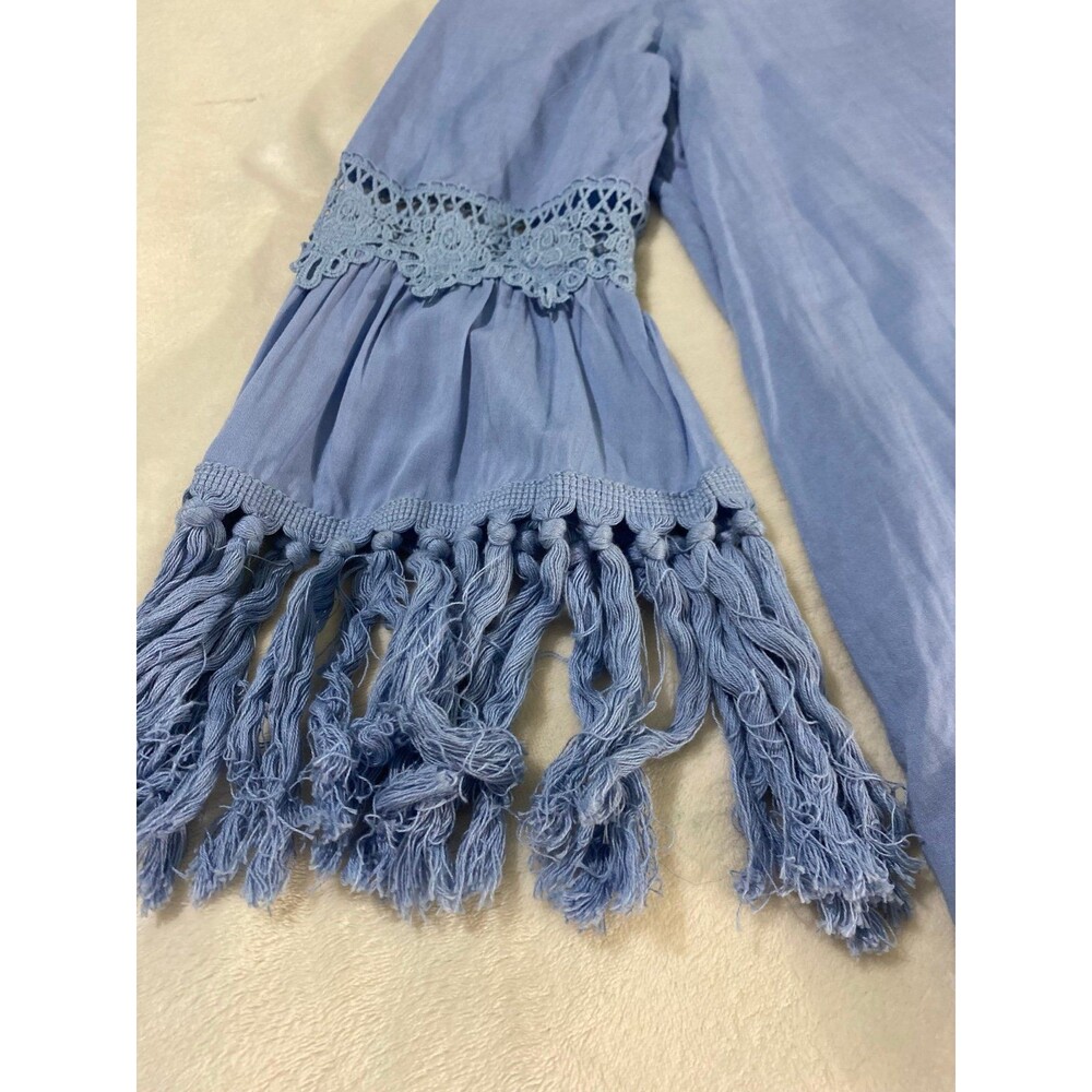 JODIFL Blue Boho Tunic Dress Bell Sleeve Crochet Lace Fringe Tassel Womens S Y2K - Picture 5 of 12